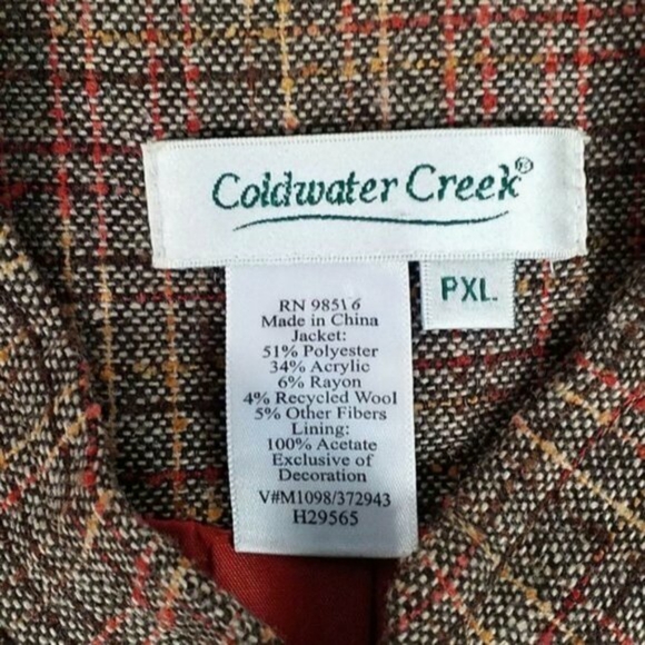 Coldwater Creek Brown Plaid Tweed Hook Front Long Sleeve Peplum Jacket PXL - Picture 14 of 16